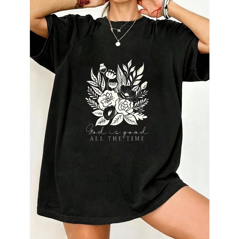 

Черная футболка оверсайз с цветочным дизайном и надписью God Is Good All The Time для повседневной носки XXXXL чёрный