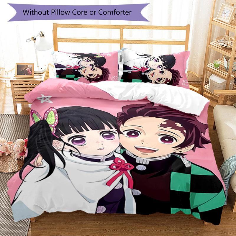 3-teiliges Demon Slayer Muster Bettwäscheset Bettbezug-Set enthält Bettbezug & Kissenbezüge, perfekte Ganzjahres-Schlafzimmerdekoration & Geschenk