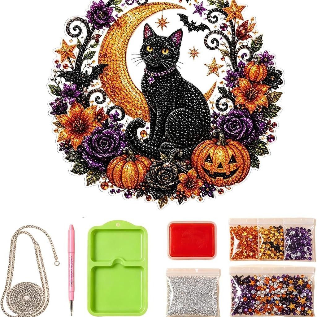 Halloween Black Cat Moon 5D Diamond Art Hanging Ornament Kit Double Sided
