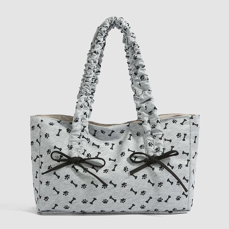 Striped & Polka Dot & Star Print Tote Bag With Bow Design Large Capacity Casual Shoulder Bag Lightweight Daily Commute Handbag