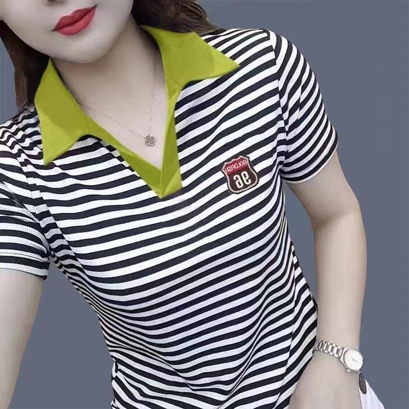 Polo Shirt Short-sleeved T-shirt Women's Summer New Striped Slim and Fashionable Versatile Top