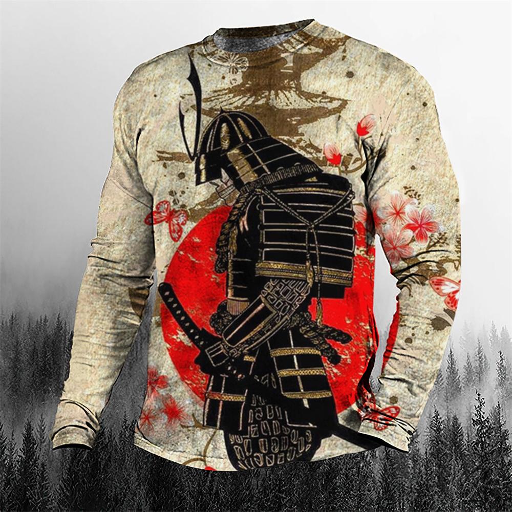 Tricou Super Cool Vintage Japonez Samurai pentru Bărbați cu Gât Rotund, Îmbrăcăminte pentru Bărbați, Mărimi Mari, Casual, Mânecă Lungă, Topuri, Tricou Imprimat 3D