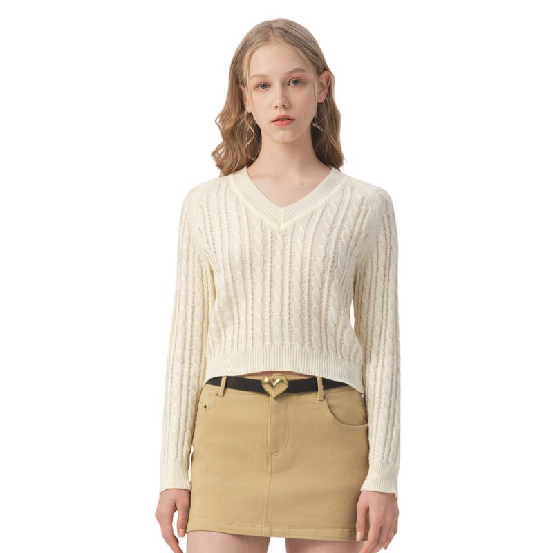 Yescci Casual Twisted Woven V-neck Pullover Sweater Knitwear