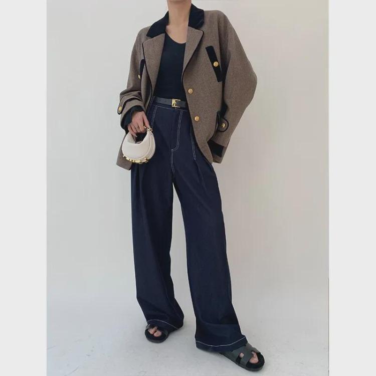 Autumn Winter Fashion Womens Woolen Twill Velvet Jacket Coat with Contrast Stitching