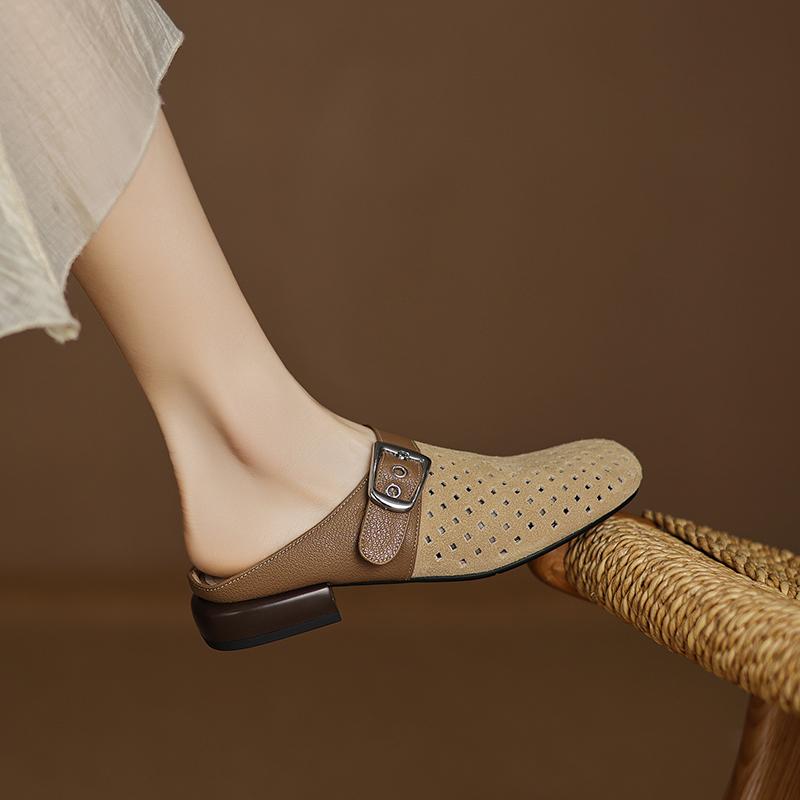 Fashion 2025 New Fashion Cow Suede Mueller Slippers Woman Low Heel Soft Bottom Casual Shoes Breathable Mesh Shoes Woman Fashion Shoes