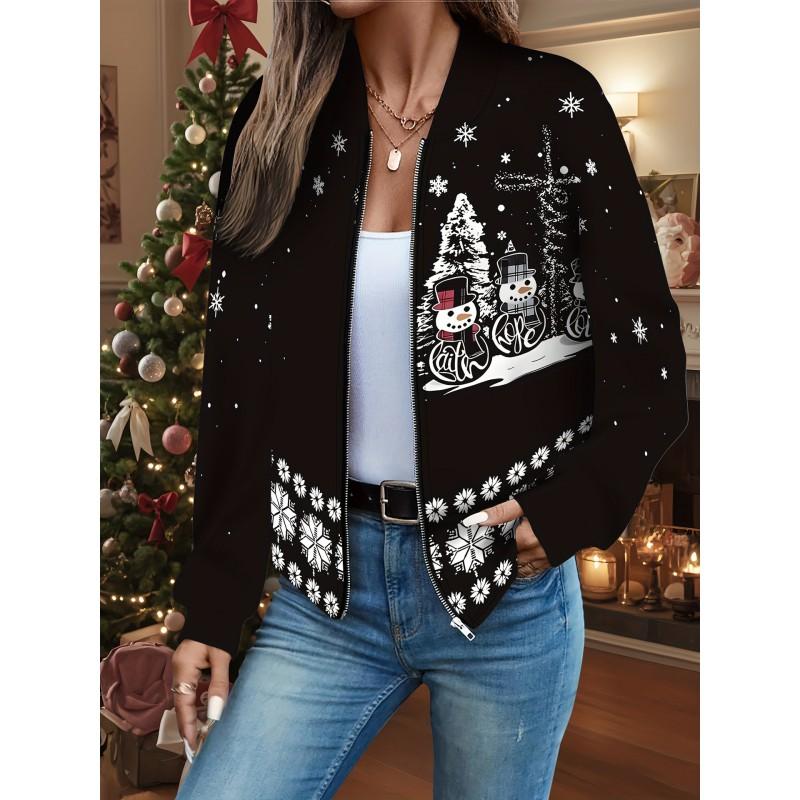Womens Casual Zip-Up Jacket With 3D Letter Print Fashion Lightweight Outerwear Daily Wear