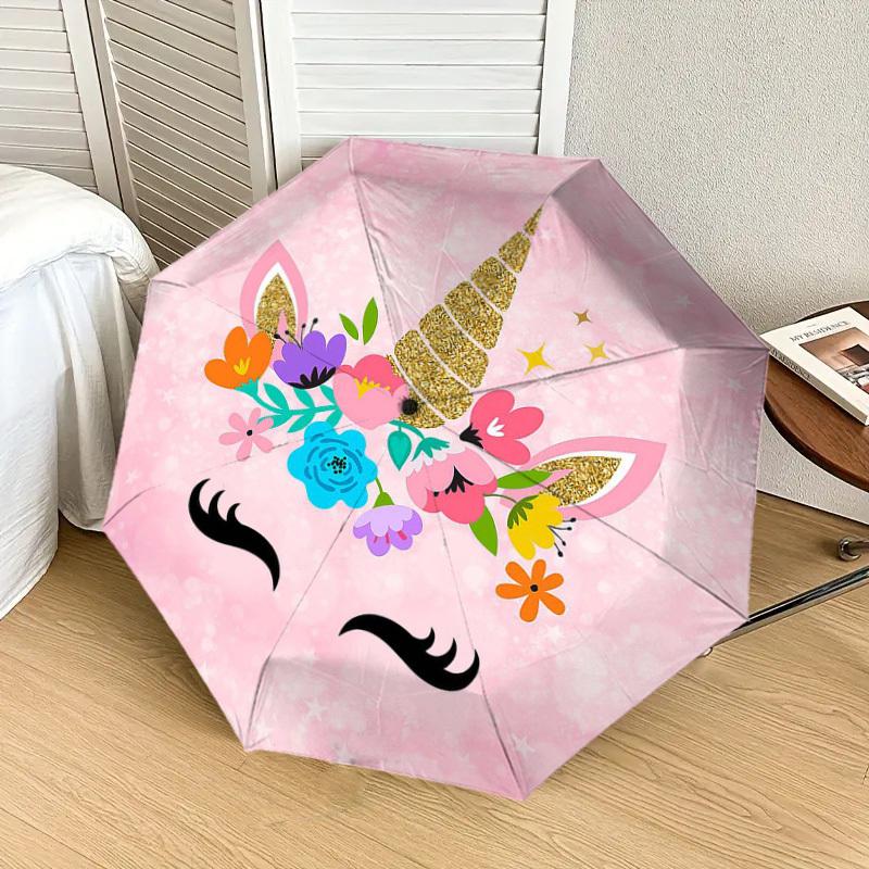 1 Stück Einhorn Blumig Rosa Hintergrund Regenschirm mit Kunststoffgriff, Geeignet für Alle Jahreszeiten Zuhause Reise Outdoor RegenschirmDD1499