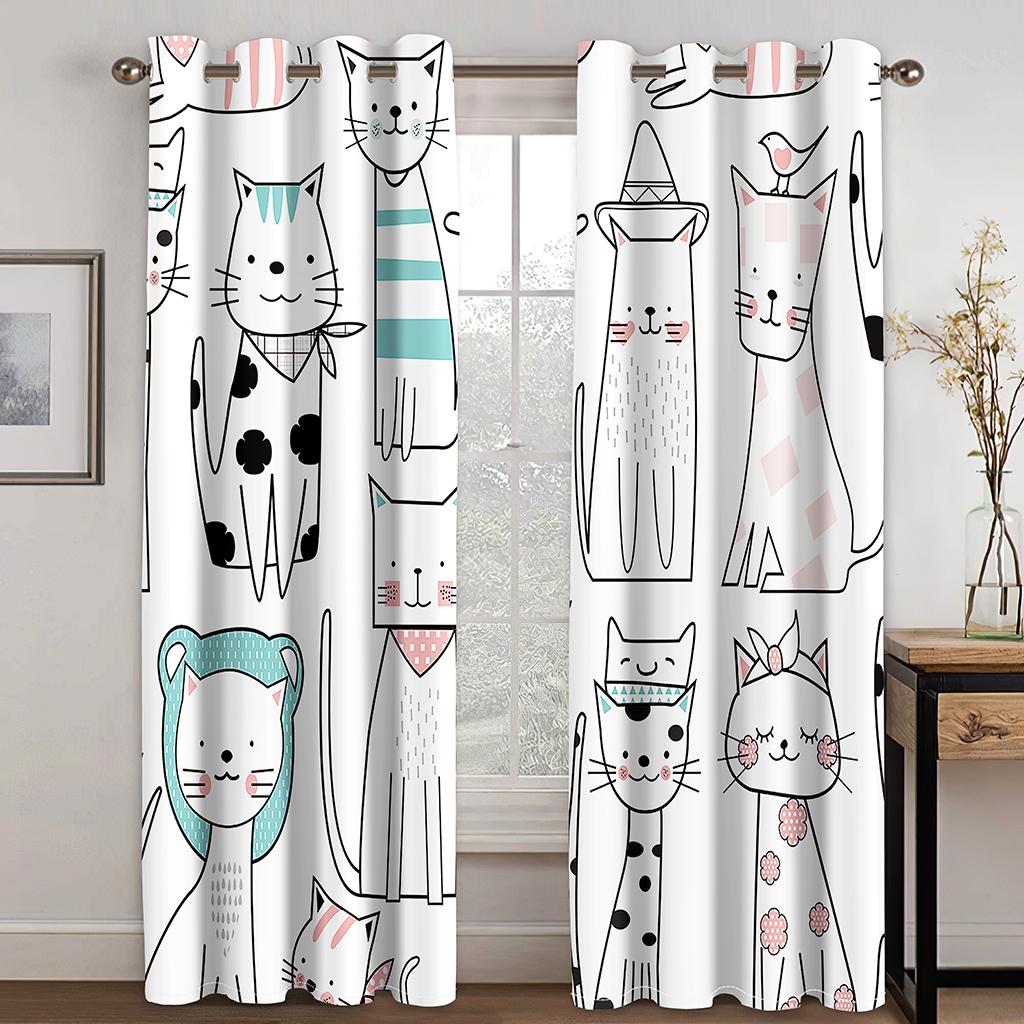 Cute Cartoon Cat Kawaii Window Curtains for Living Room Children and Kids Cartoon Mountains Forests Living Room Bedroom Decor