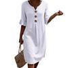 2026 European V-neck Cotton Linen Dress with Ruffle Sleeves and Big Button Design for Women - Spring/Summer Collection