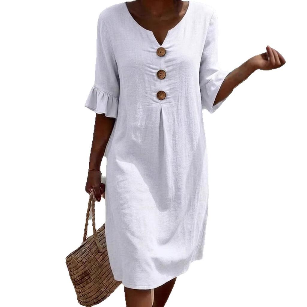 2026 European V-neck Cotton Linen Dress with Ruffle Sleeves and Big Button Design for Women - Spring/Summer Collection