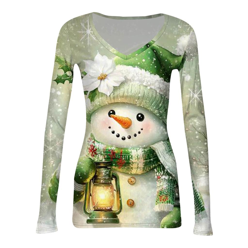 Women's Winter Slim-Fit Base Layer T-Shirt Fashionable Christmas Print V-Neck Pullover Long-Sleeved Top