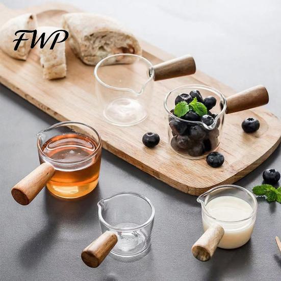 Anti-scalding Coffee Cup Milk Pitcher with Wooden Handle Mini Glass Creamer Food Grade for Espresso Small Sauce Dipping Bowl Measuring Scale Condiment