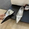 Pesstwei Spring Sexy High Heel Pointed-Toe Wedge Heel Women's Leather Shoes  Silver Red Wedding and Banquet Shoes Size 40