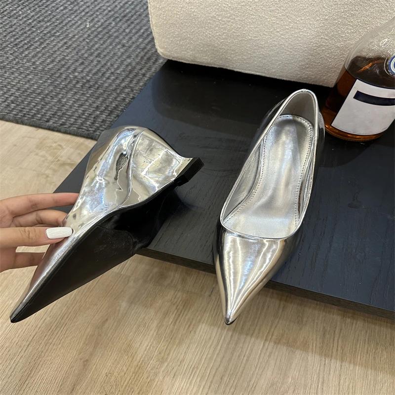 Pesstwei Spring Sexy High Heel Pointed-Toe Wedge Heel Women's Leather Shoes Silver Red Wedding and Banquet Shoes Size 40