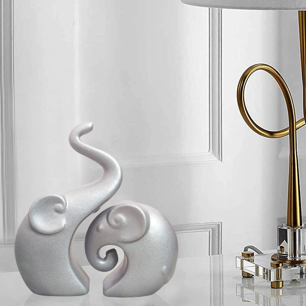 Lavish Silver Home Decor Elephant Couple | Ceramic Figurines (Set of 2, Silver Matte)