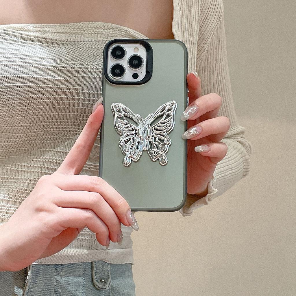 ins induction plating solid color for iPhone17promax Apple 16 mobile phone case butterfly holder 15/14PM13