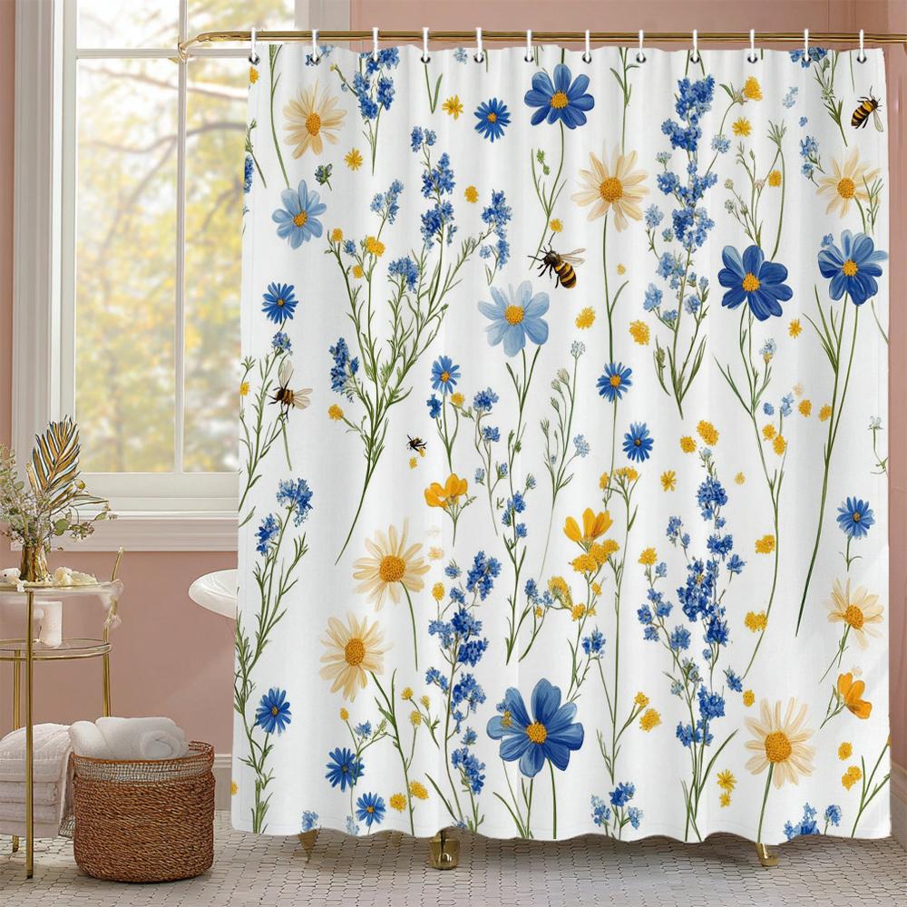Spring Small fresh Floral , leaves Shower Curtain, Bathroom Decorative Shower Curtain, Waterproof Shower Curtain with Hooks