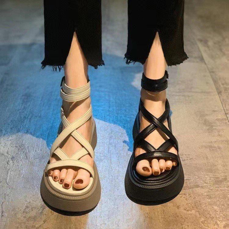 Women's 2025 Summer Chic Platform Sandals: Versatile Hollow-Out, Cross Thin Strap, Back Zipper Roman Style Boots