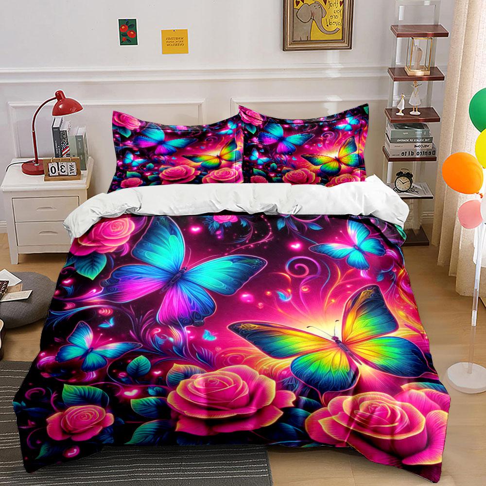 Colorful Butterfly Rose Design Bedding Duvet Cover Set Duvet Cover Pillowcases (1 * Duvet Cover 2 * Pillowcases, without duvet insert)