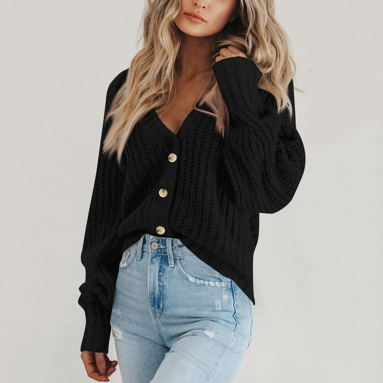 

Женский однотонный трикотажный кардиган с длинным рукавом и V-образным вырезом на пуговицах XXXL чёрный