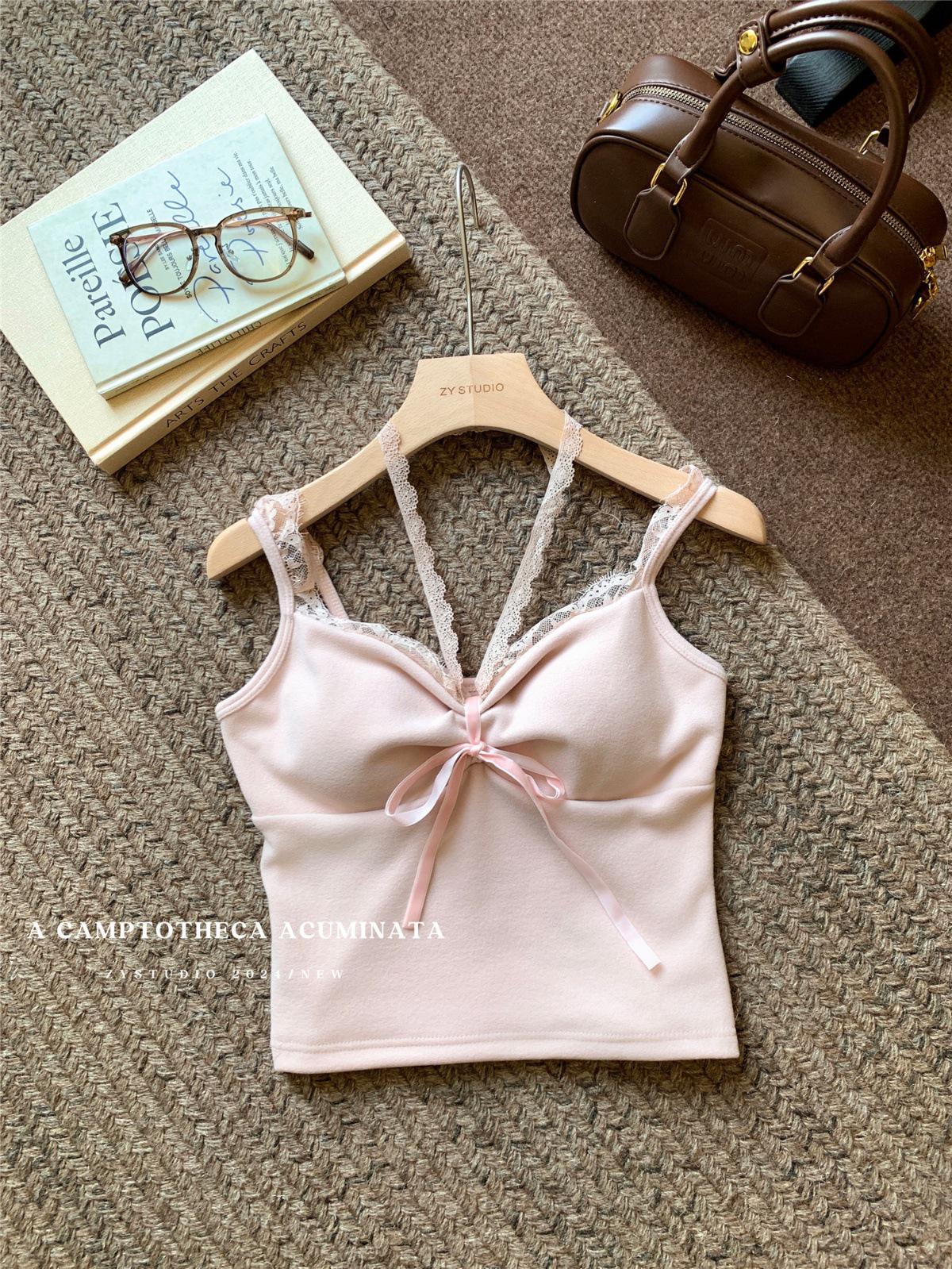 

Немецкая бархатная кружевная майка-камисоль для женщин - теплая, облегающая, с красивой спиной, сексуальный топ с накладками на грудь для осени и зимы One Size розовый