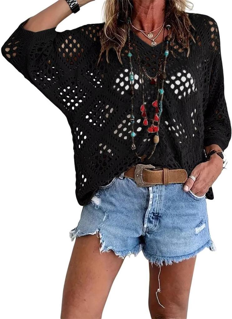 Cardigan lavorato a maglia da donna con scollo a V, intagli a forma di diamante e maniche a pipistrello, per la primavera/estate europea
