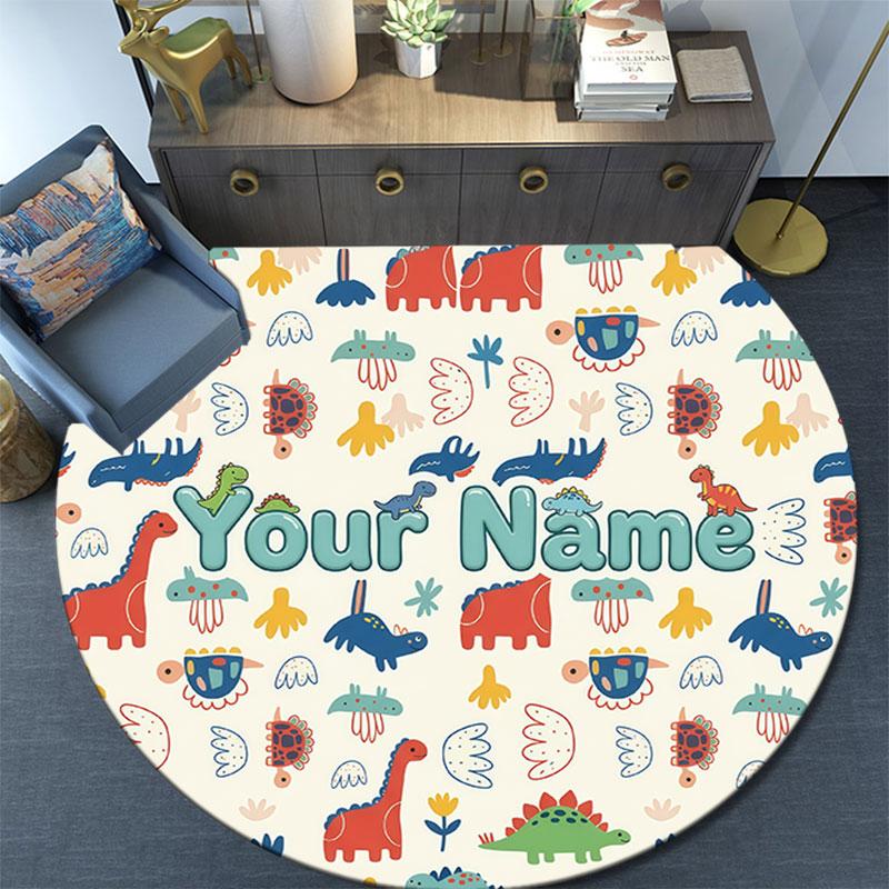 Custom Name,Cute Cartoon Dinosaur pattern round rug,Carpet Rug for Living Room Bedroom Playroom ,Non-slip Floor Mat,Holiday Gifts and Birthday Gifts.