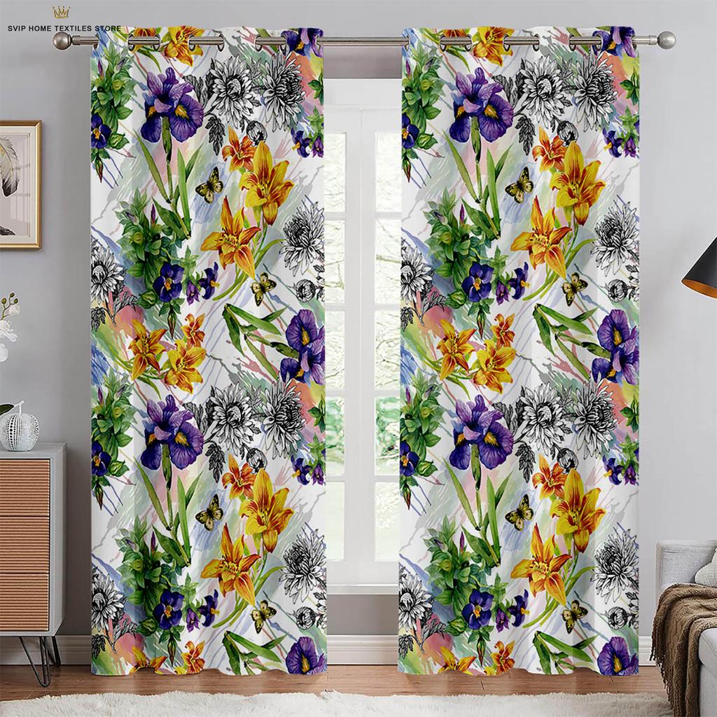 Butterfly Floral Watercolor Print Curtains, Decorative Curtains, Bedroom, Living Room, Study Room, Can Be Customized, 2 PCs