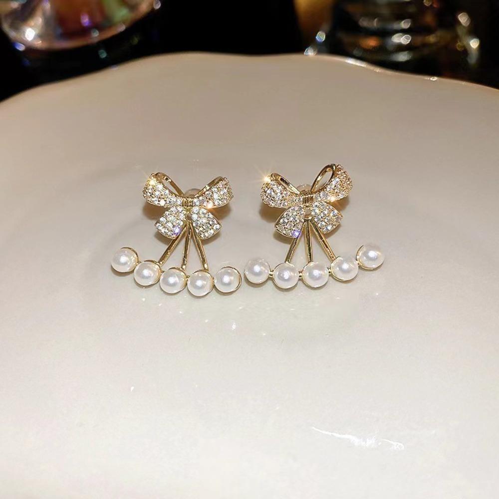 Ear Jewelry Bowknot Zircon Earrings Metal Crystal Pearl Earrings Sweet Y2K Stud Earrings  Girls