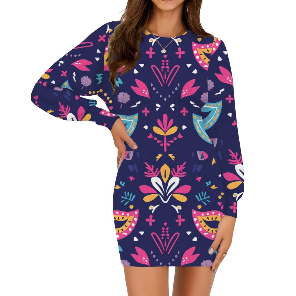 Ladies fashion casual round neck long sleeve Carnival print dress
