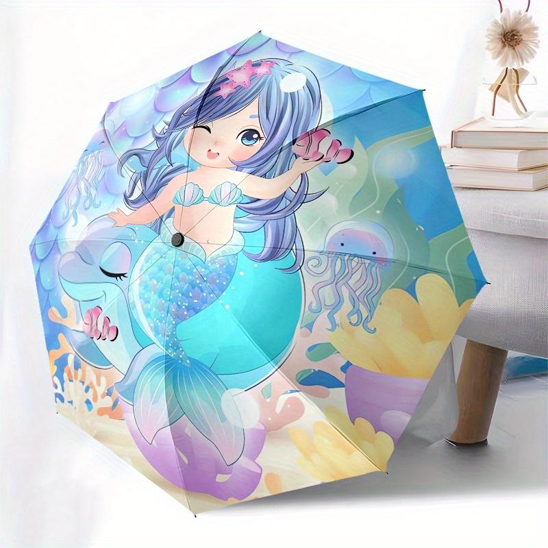 Mermaid,Dolphin Themed Automatic Folding Umbrella  8 Ribs Durable Iron Frame, Vibrant Color Design, Compact Travel Umbrella for Beach, Outdo