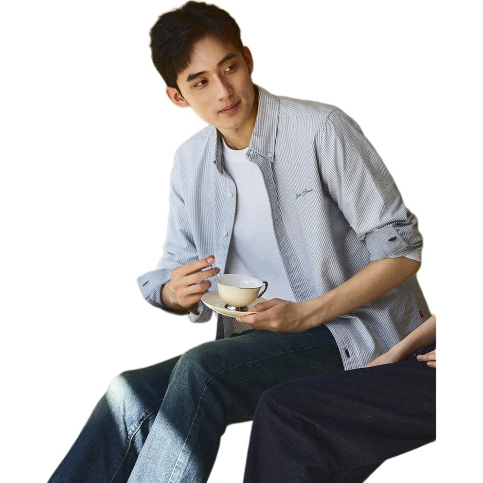 Levis Comfortable Casual Loose Solid Color Embroidered Long Sleeve Shirt Men shirts Blue 0017V-0001