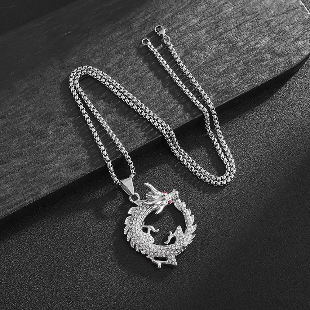 Fashion Hip Hop Bling Iced Out Dragon Round Pendant Necklace for Men Women Stainless Steel Rapper Jewelry Oriental Amulet Gift