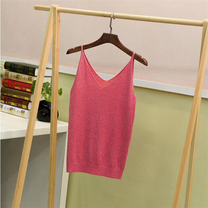 Summer Knitted Slim Sexy Top Tank Women Bright V Neck Sleeveless Vest Shirts Tops Tees