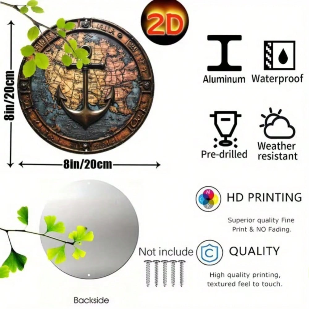 Винтажное Металлическое Настенное Искусство Якорь Алюминиевый Декор Карта Мира Компас Домашний Декор TYA24886-20X20CM