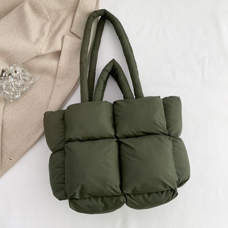 Down Bag Cotton Clothing Women's Bag Simple Cotton Space Bag Tote Bag Soft Checkered Handbag Shoulder Bag