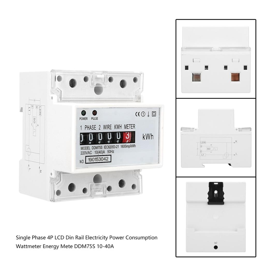 4P LED Din Rail Electricity Power Consumption Wattmeter Energy Meter DDM75S 10-40A Single Phase