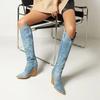 Stivali da donna Stivali western in denim Autunno Inverno Stivali alti al ginocchio e alla coscia Tacco alto Stivale lungo Punta a punta Slip-on Stivale da cowboy da donna