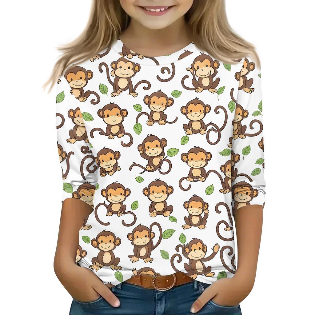 Barn 3/4 Ärm Toppar Casual Tryck T-shirt Rund Hals Pullover Blus