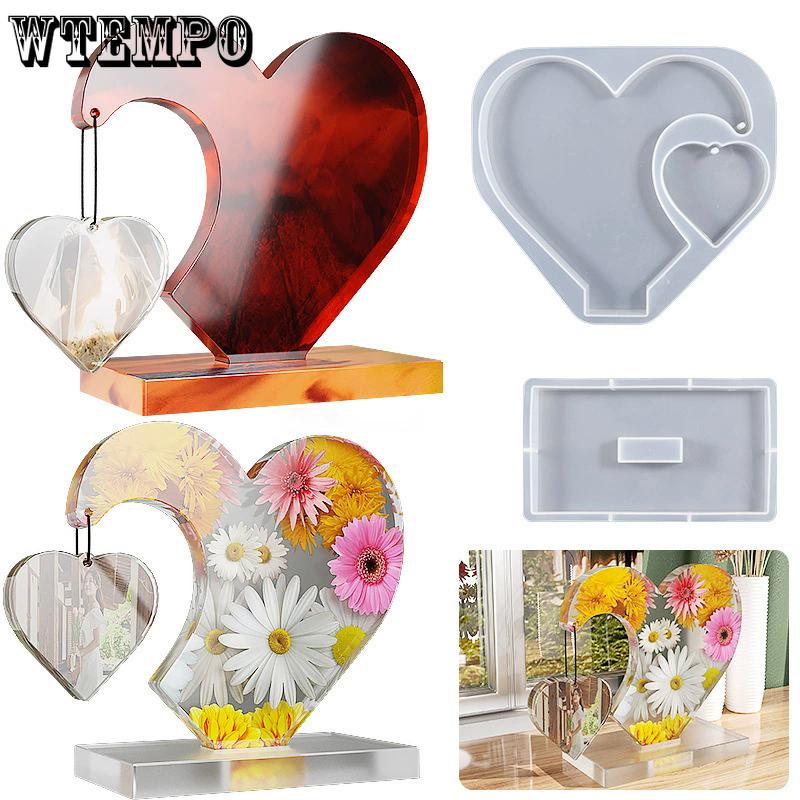 WTEMPO DIY Epoxy Resin Molds Kit with Colorful Bead Chains Big Heart Small Heart Shaped Design with Base Hanging Photo Frame Molds