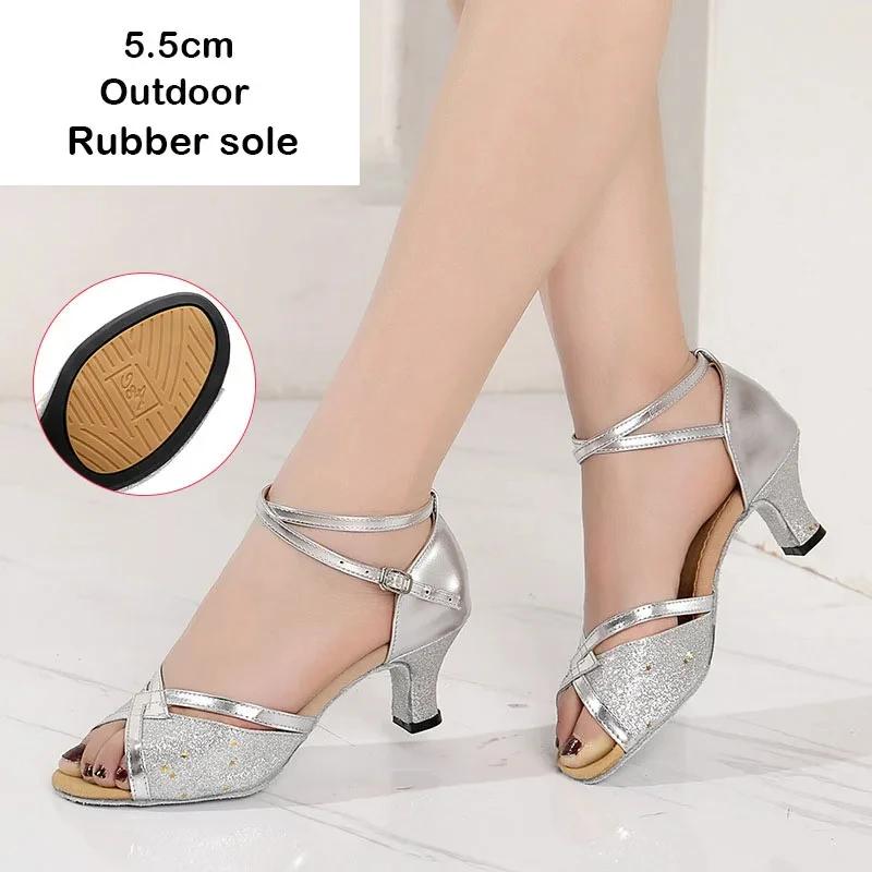 Silver Latin Dance Shoes for Women Salsa Bachata Tango/Ballroom/ Salsa Dancing Shoes Soft Bottom Exercise Dance Shoes Heels5.5cm