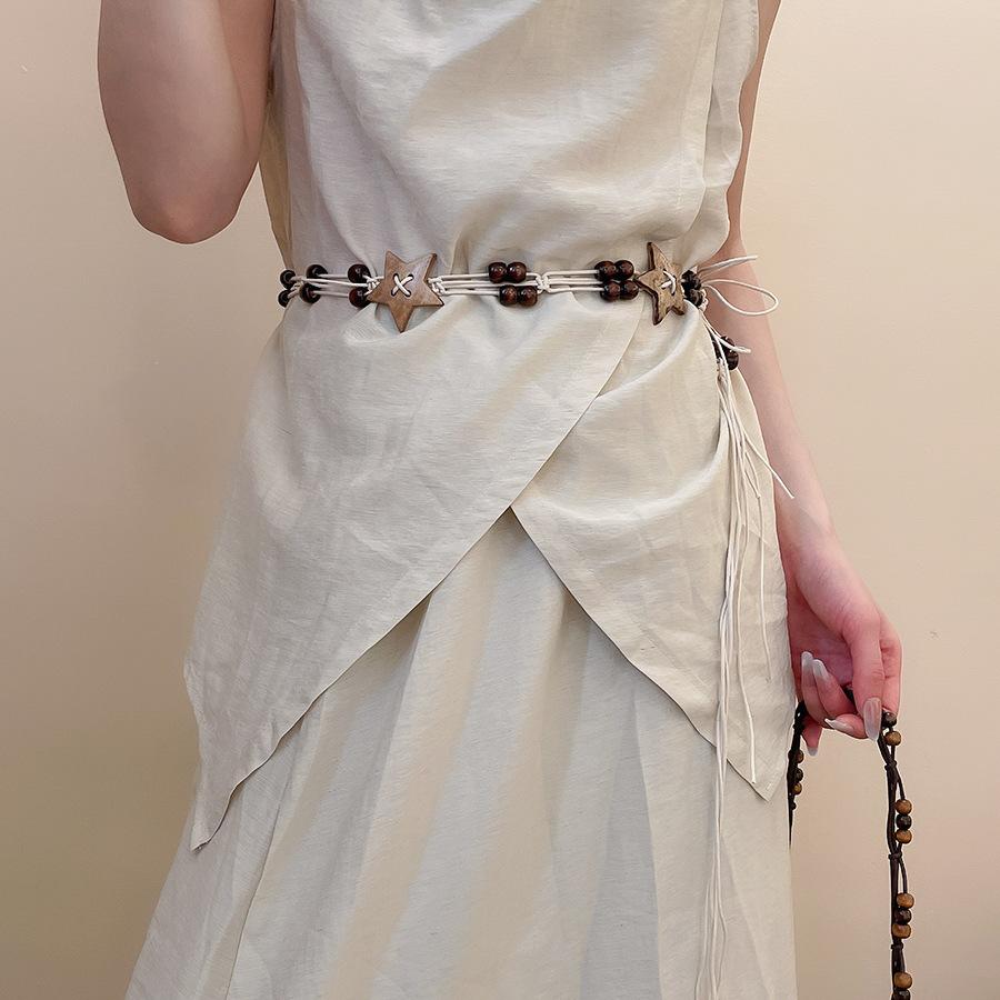 Vintage ethnic wind wood bead woven fringed waist chain bohemian belt clothing