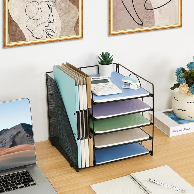 5-Tier Paper Letter Tray Organizer with File Holder - Office Supplies Desktop Organizer