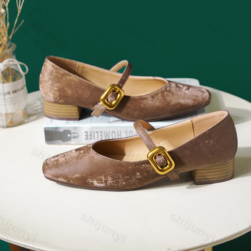 Fashion Women Mary Janes Pumps Square Toe 2025 New Autumn Chunky Heel Shoes Genuine Leather Shoes for Women Elegant Buckle Laides Shoes