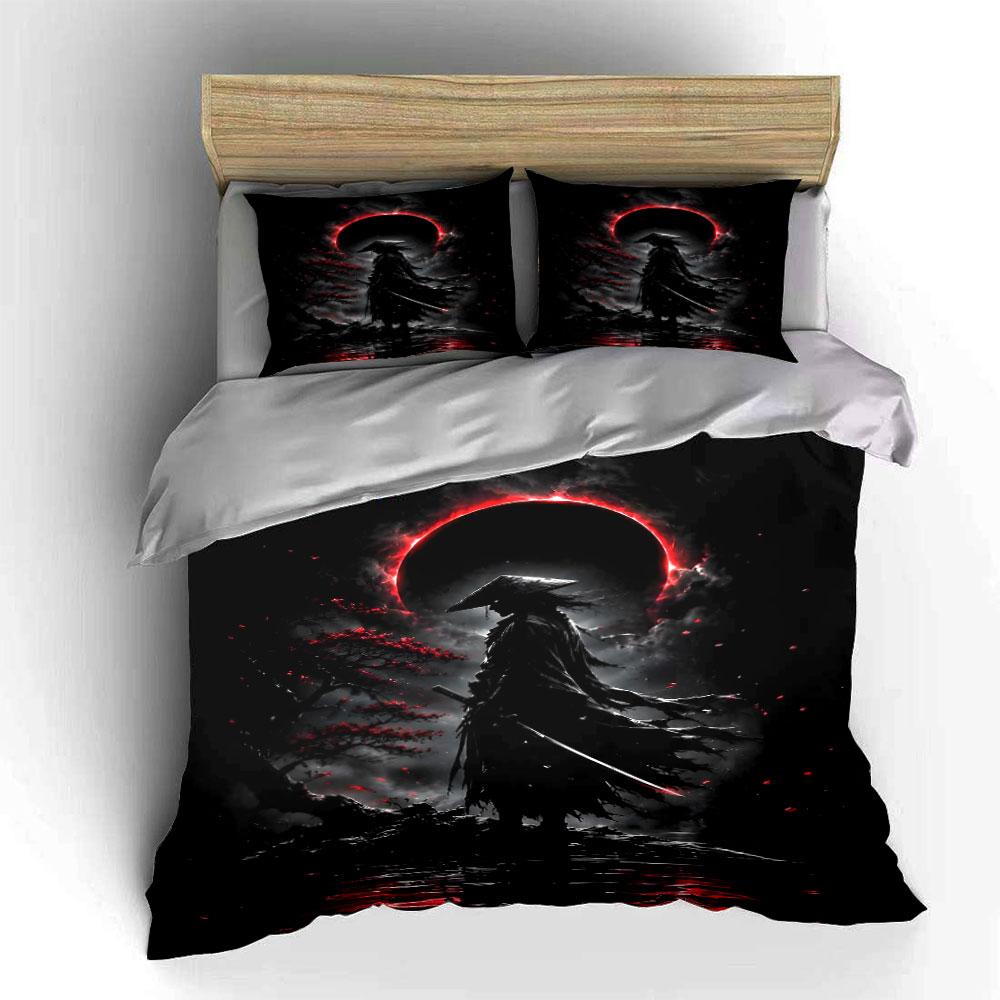 Samurai Warrior Under Eclipse Bedding Duvet Cover Set (1*Duvet Cover 2*Pillowcases, Without Duvet Insert)