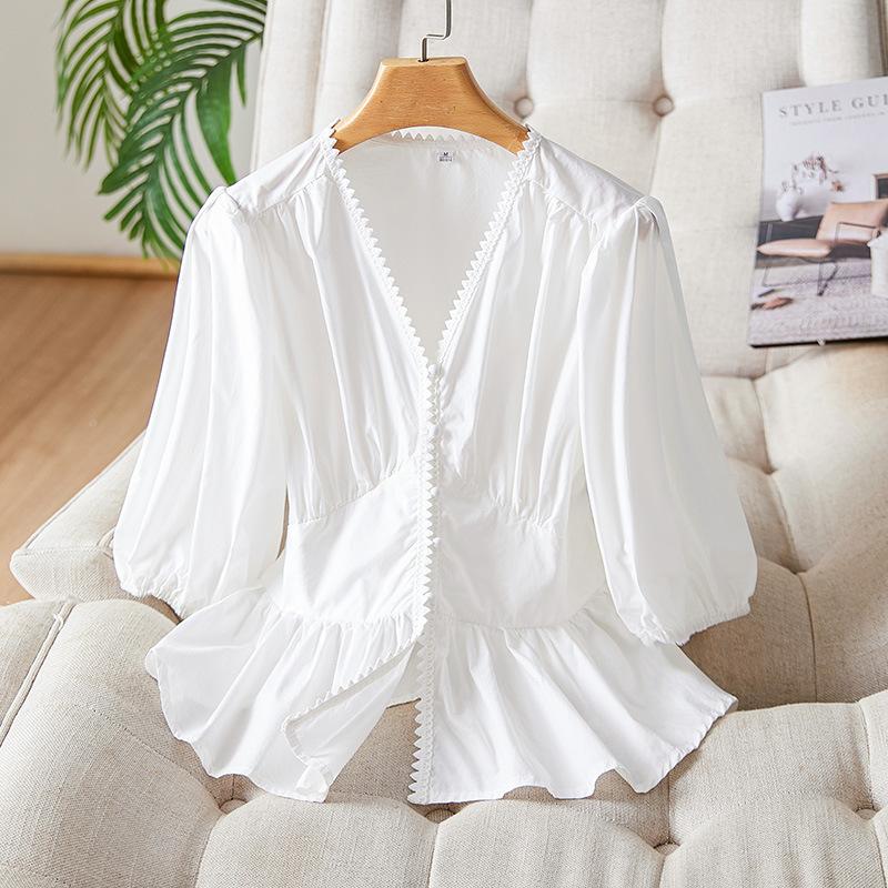 

V-neck Shirt for Women In Summer New Design Niche V-neck Top Pure Cotton Short Small Shirt M