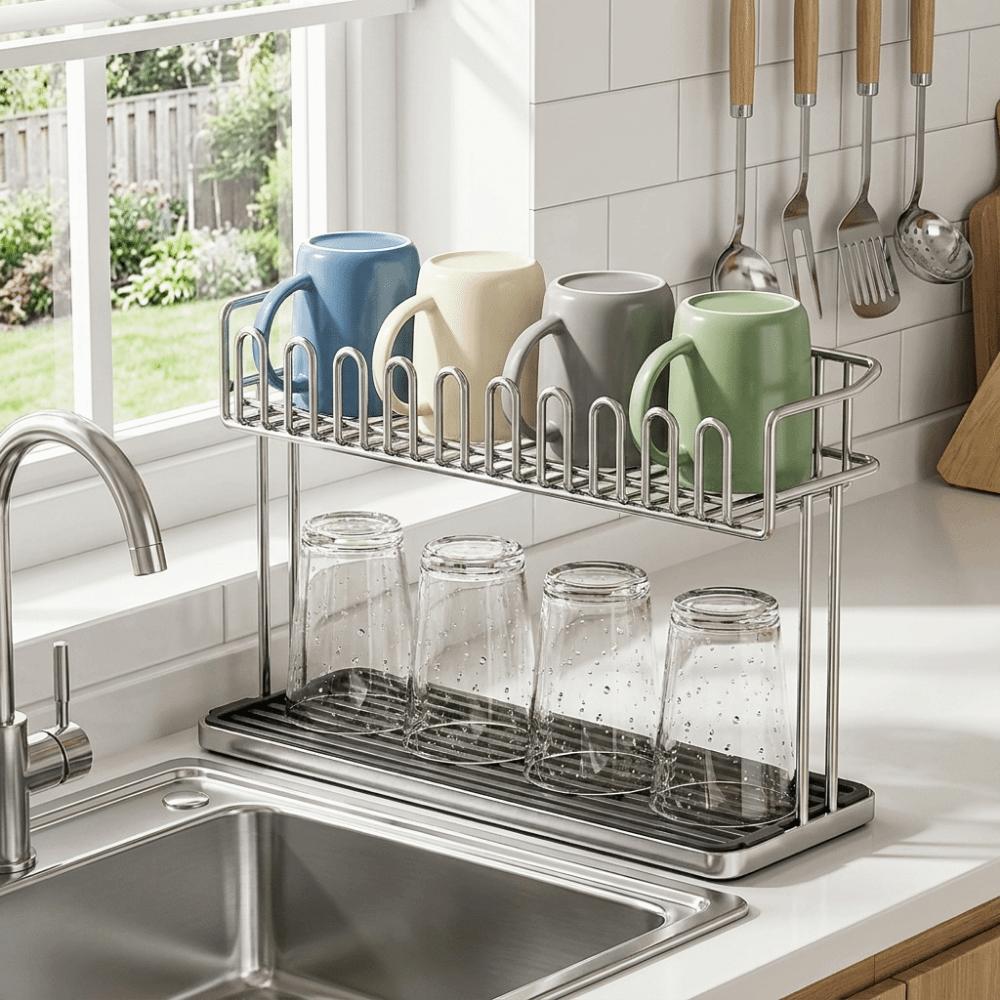 Stainless Steel Cup Storage Rack Anti-Fall Water Cup Holder Sink Storage Rack Office
