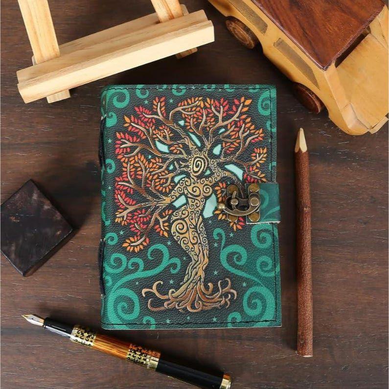 Blank Spell Book of Shadows Journal – Handmade Leather Grimoire with Lock Clasp, Embossed Pagan Prayer, Antique Witchcraft & Wiccan Notebook