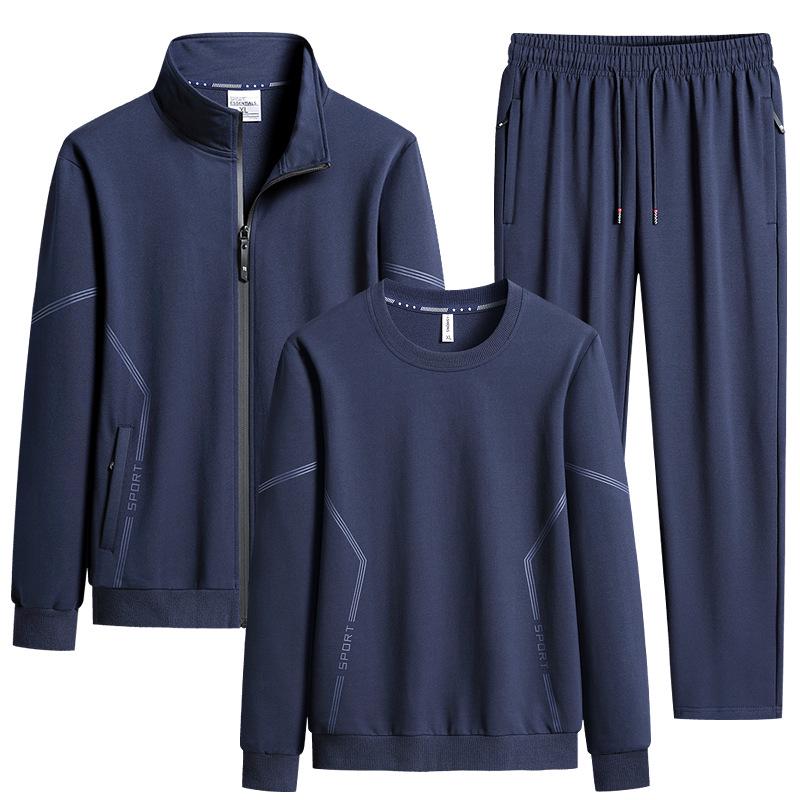 Men's Plus Size Spring Cotton Sportswear: Casual, Breathable Three-Piece Set with Running Cardigan and Round Neck