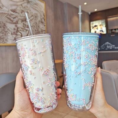 Rainbow Girl Double-Layer Bubble Straw Cup - Large Capacity, Creative Design for Students and Office/Home Use